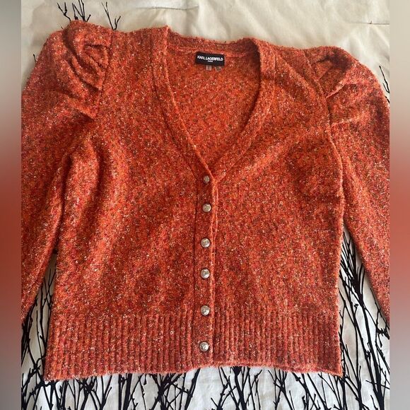 Karl Lagerfeld Paris orange ruffle shoulder cardigan sweater, wool blend, medium - Picture 4 of 14